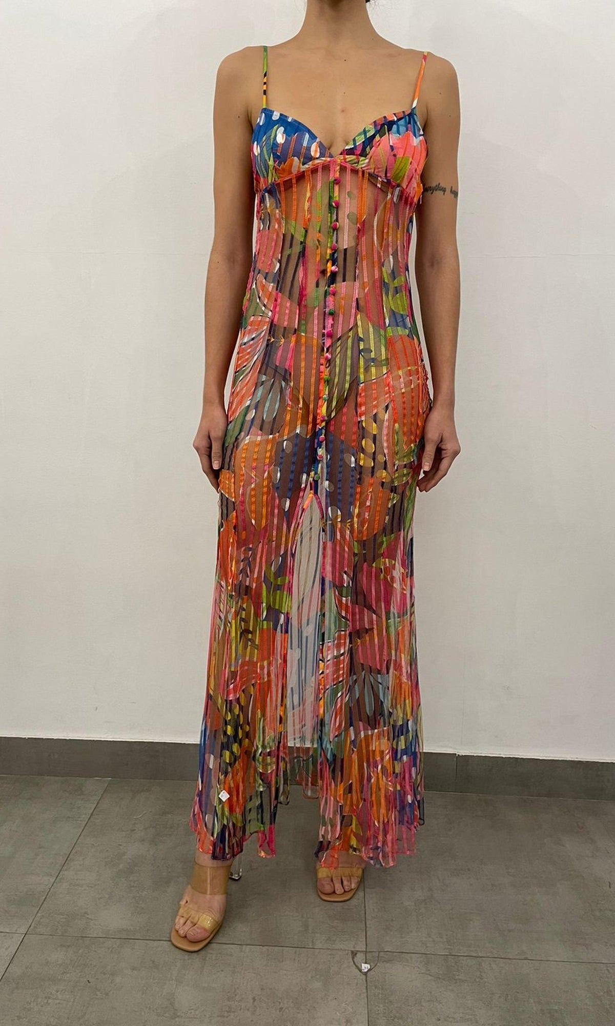 Rococo Sand | Plum Polyester Stripe Net High Low Maxi Dress | Multi Fruit