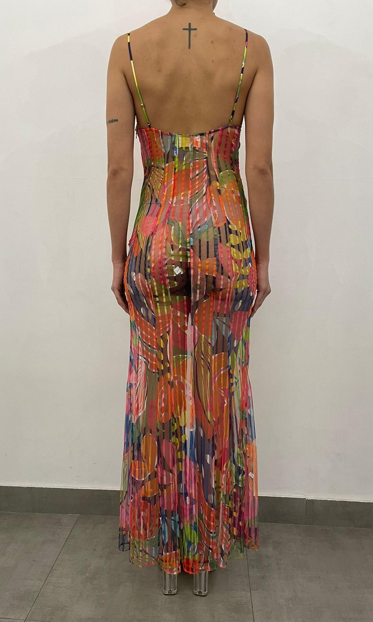 Rococo Sand | Plum Polyester Stripe Net High Low Maxi Dress | Multi Fruit