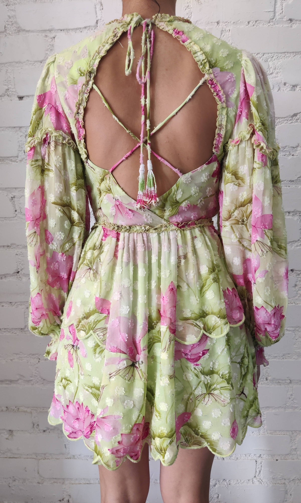 Womens | Ren Viscose Georgette Circle Jacquard Short Dress | Green Lotus