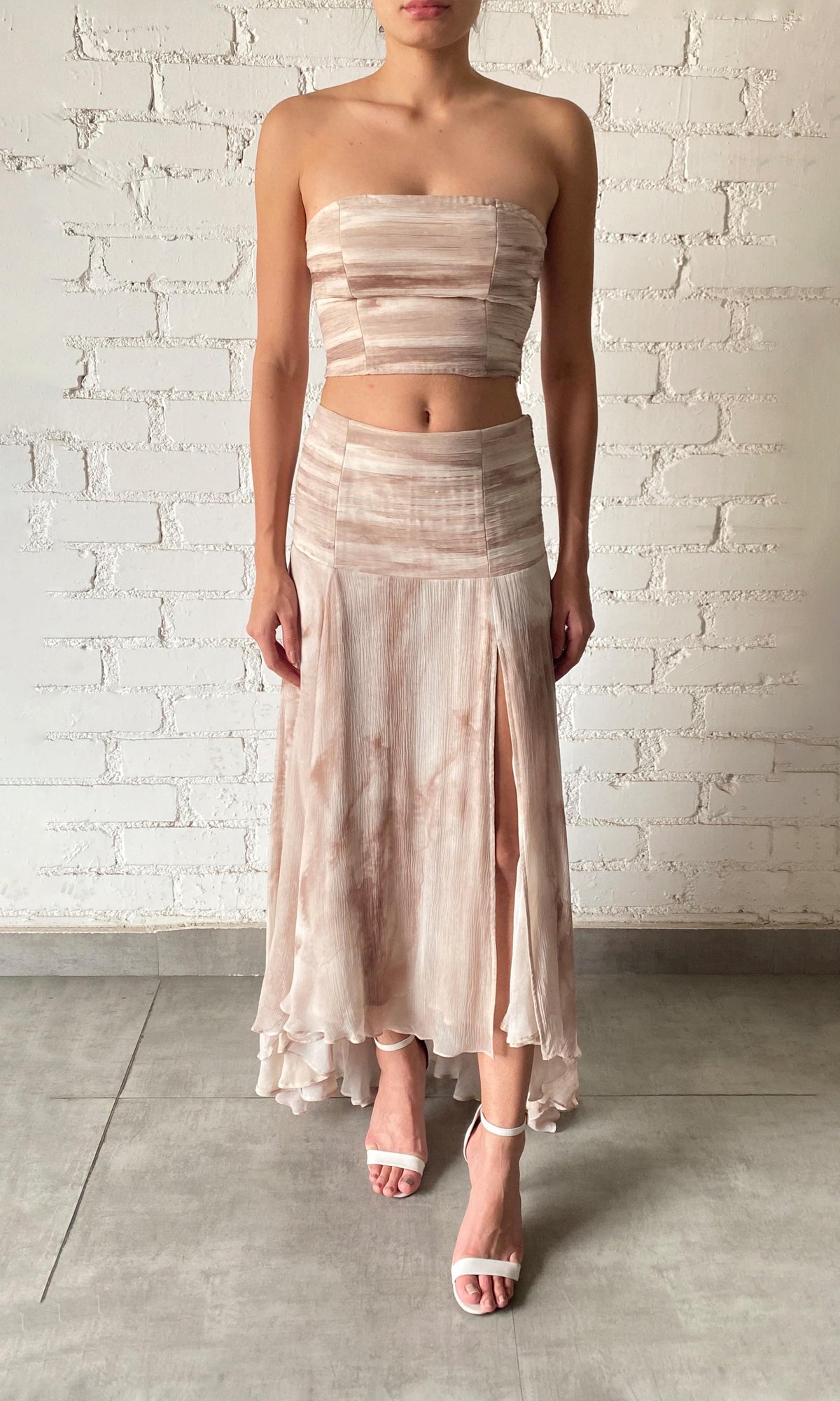 Rococo Sand | Ryan Viscose Crinkle Chiffon Ruched Top | Light Brown