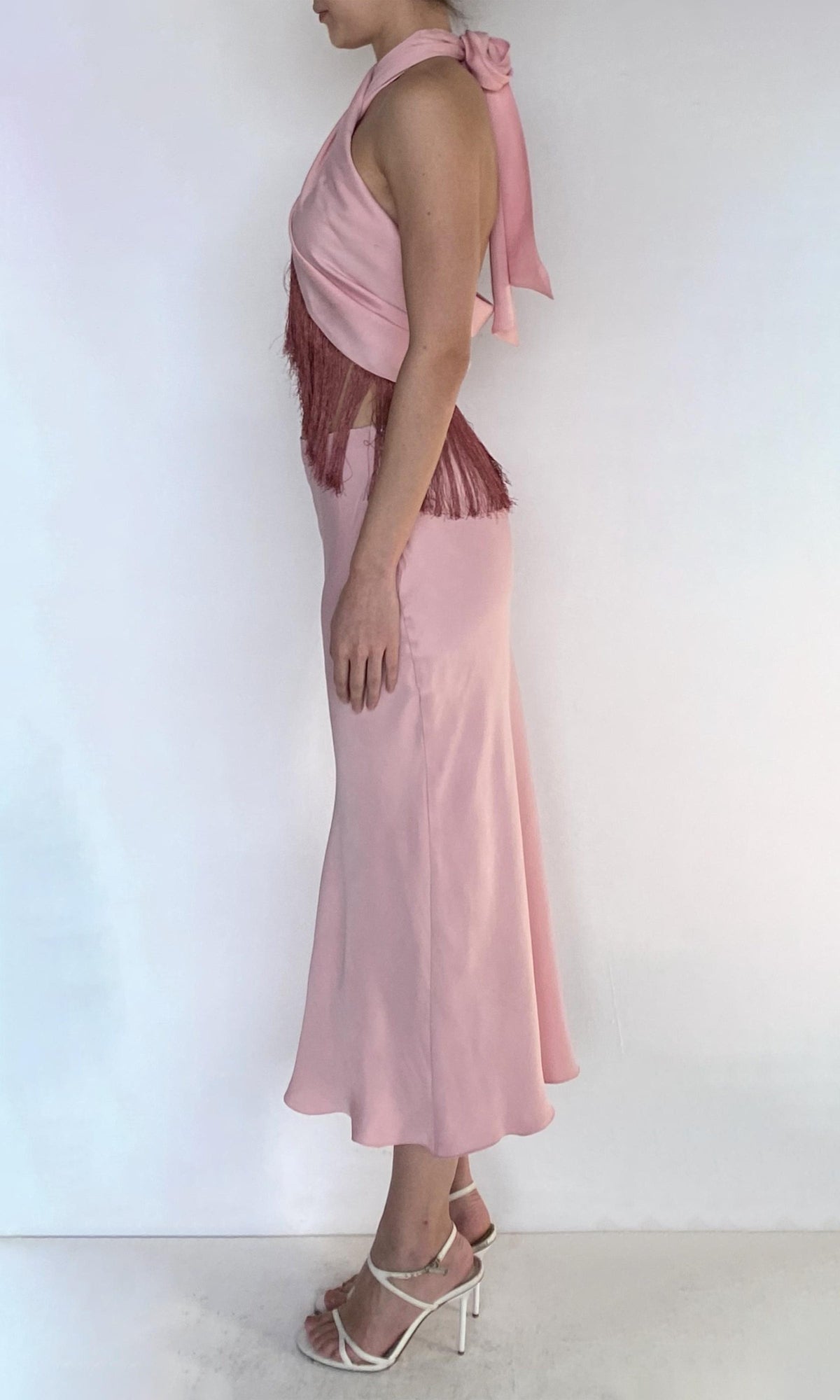 Womens | Shae Viscose Heavy Satin Fringed Halter Top | Pink