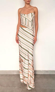 Rococo Sand | Taio Polyester Satin Lycra Long Skirt | Green Multi