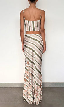 Rococo Sand | Taio Polyester Satin Lycra Long Skirt | Green Multi