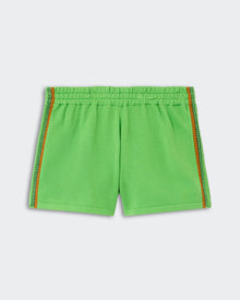 Runner Short - Match Point, vibrant green casual shorts featuring contrasting orange and navy blue side trim, an elastic waistband for a snug fit, and a straight cut for easy movement.