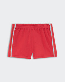 Runner Short - Scarlet, bright red casual shorts featuring light blue and orange side stripes, an elastic waistband for a secure fit, and a straight-leg silhouette for comfort and ease.