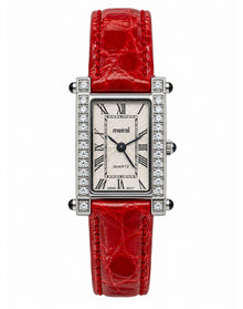 Red Diamond Rectangular Watch Genuine Leather Band | White