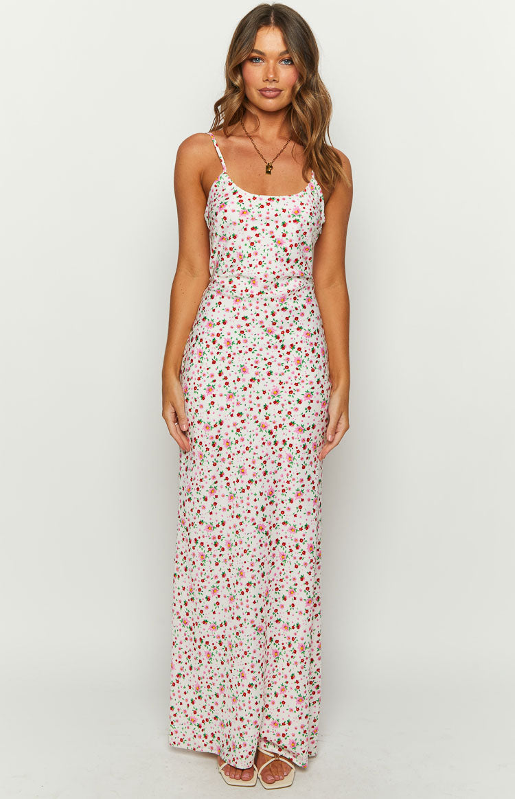 Renesmee Floral Satin Maxi Dress | White