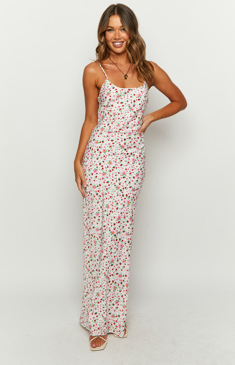 Renesmee Floral Satin Maxi Dress | White