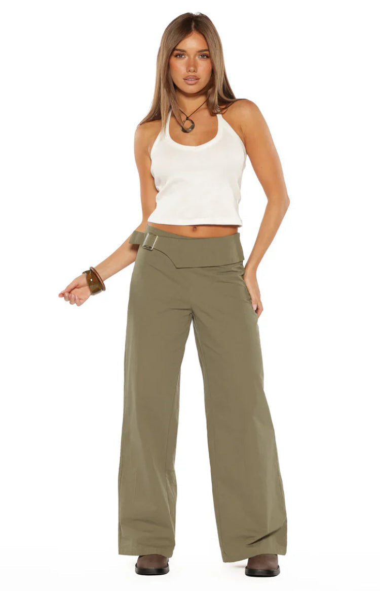 Buckle Detail Straight Leg Pants | Rewind Green