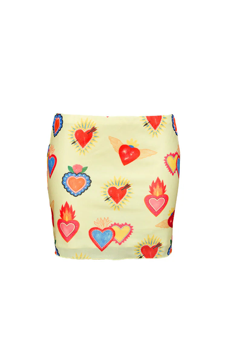 Rosaline Heart Printed Mesh Mini Skirt | Yellow