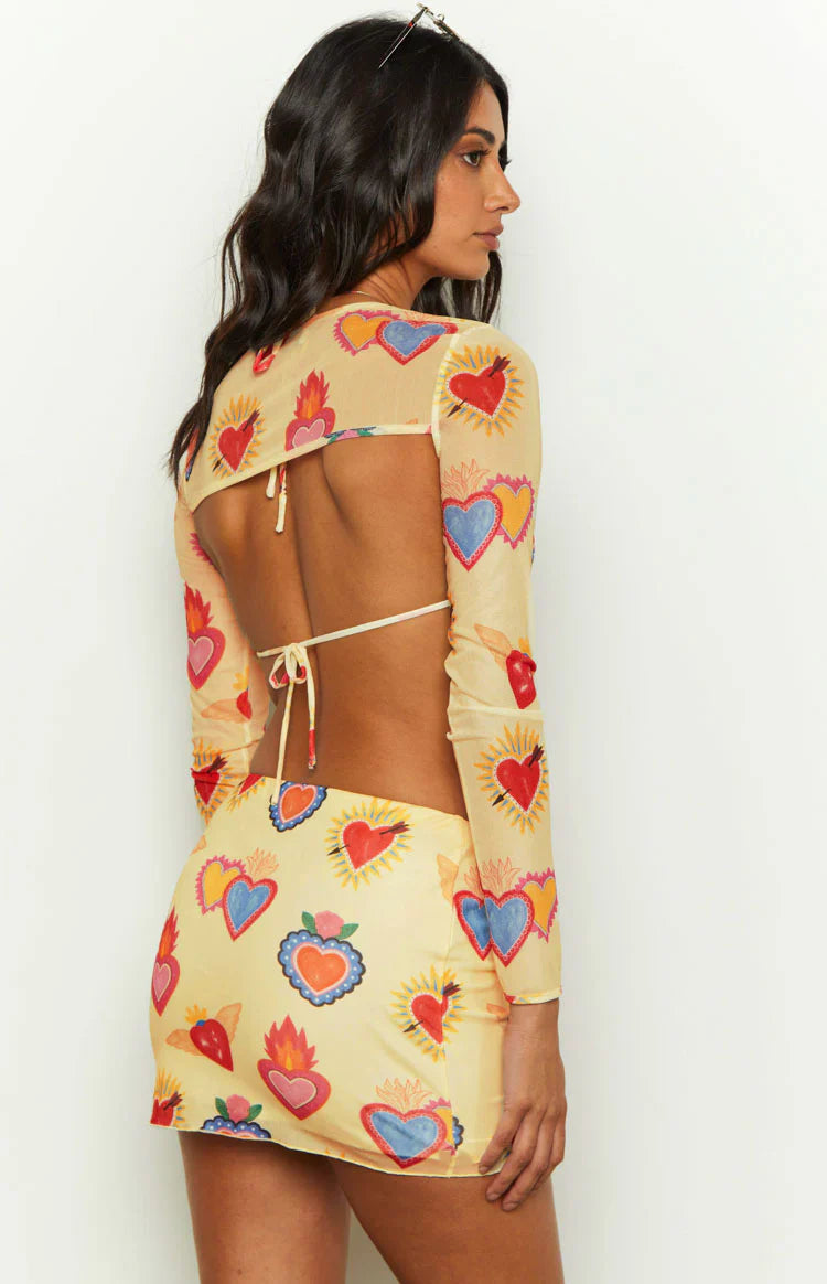 Rosaline Heart Printed Mesh Mini Skirt | Yellow