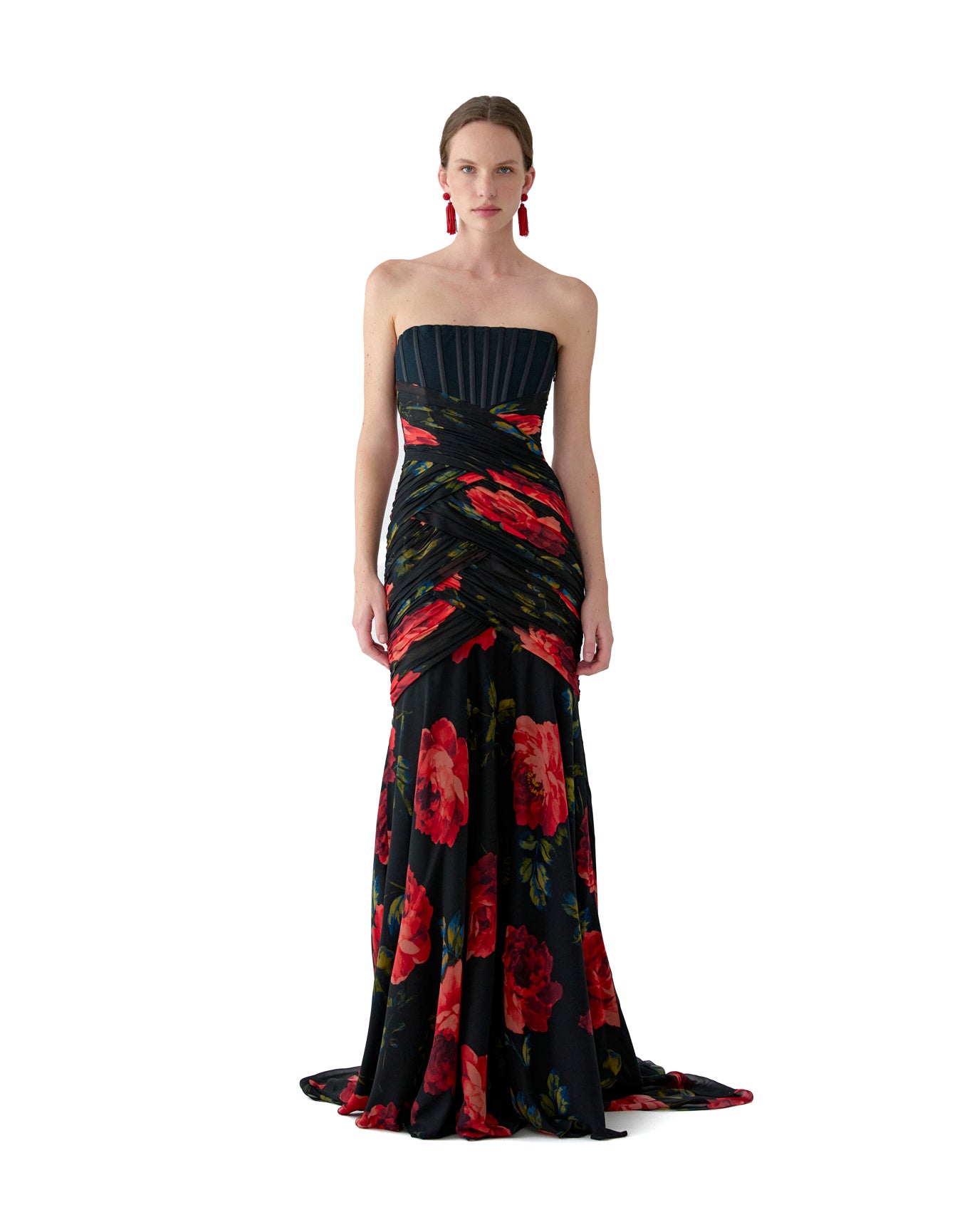 Strapless Exposed Bustier Gown With Ruching | Black Multi