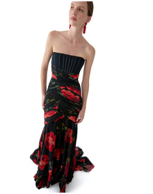 Strapless Exposed Bustier Gown With Ruching | Black Multi