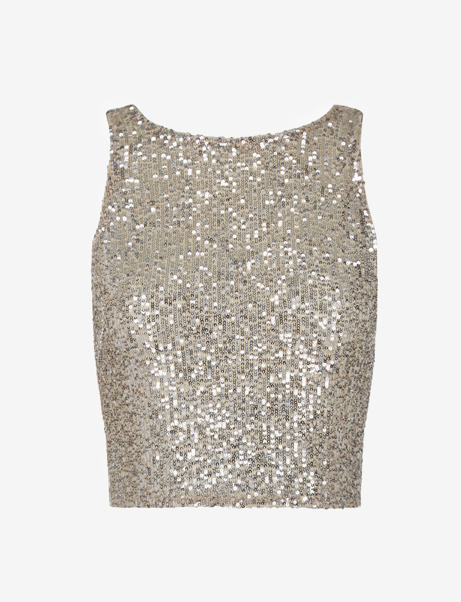 Sequin Mesh Muscle Crop Top::Silver::Main