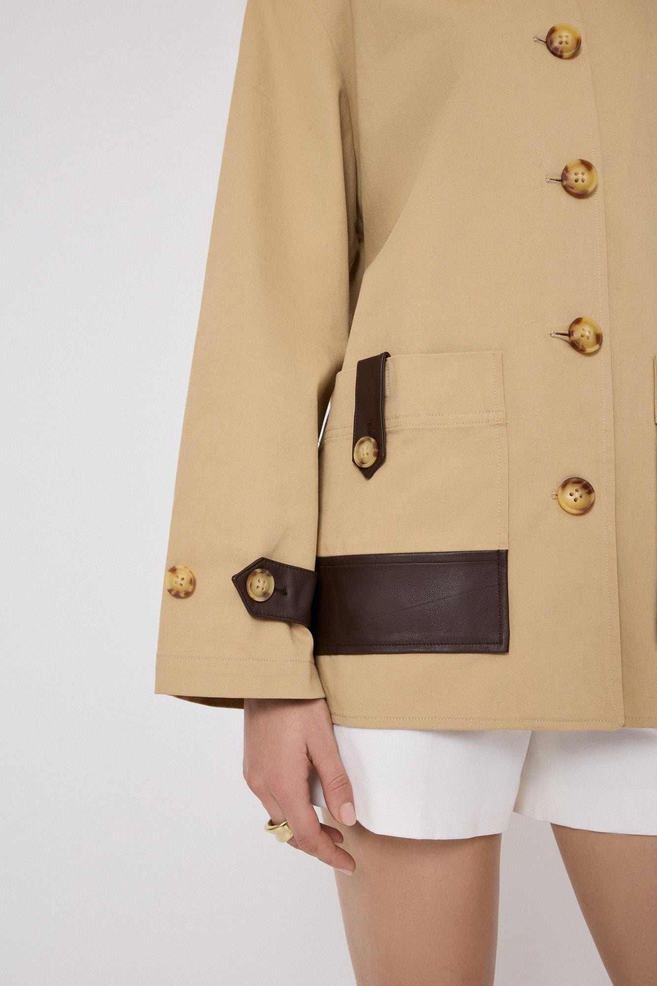 Cotton Twill Leather Detail Jacket | Sand