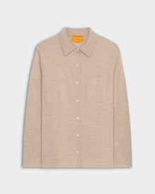 Showtime Shirt - Taupe women's button-down cashmere shirt with collar and front patch pocket, extra lightweight knit.