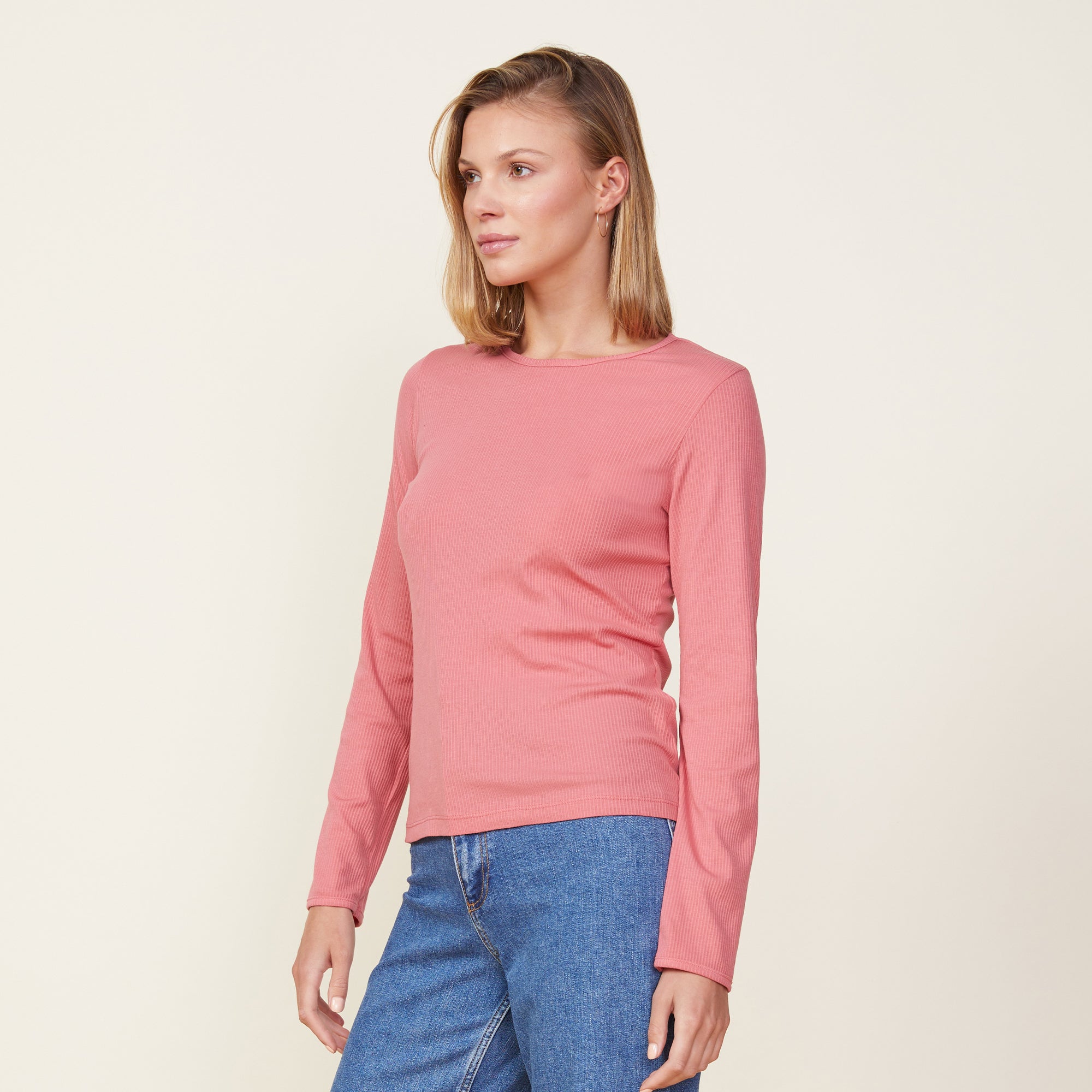 Needle Rib Long Sleeve Crew | Women | Faded Rose