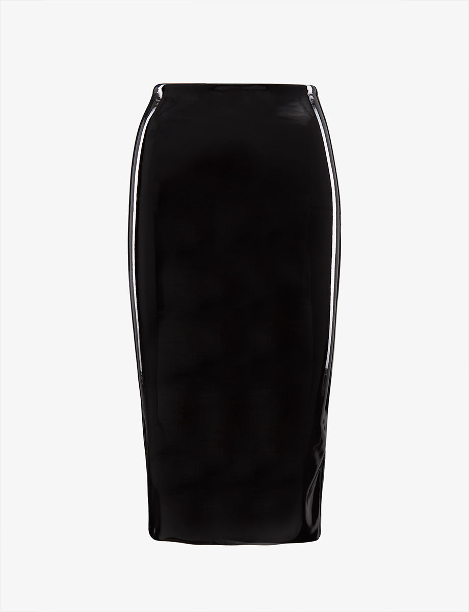 Faux Patent Leather Midi Skirt::Black::Main