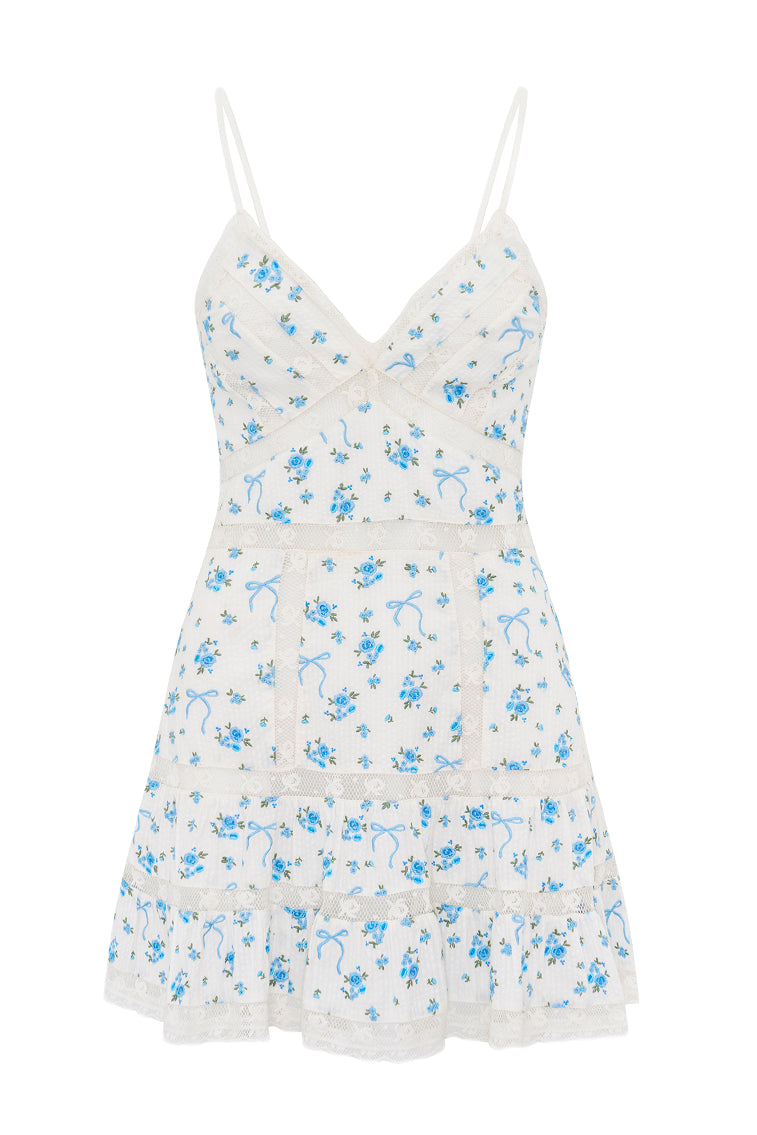 Solbina Cotton Rose & Bow Mini Dress | Aegean Blue