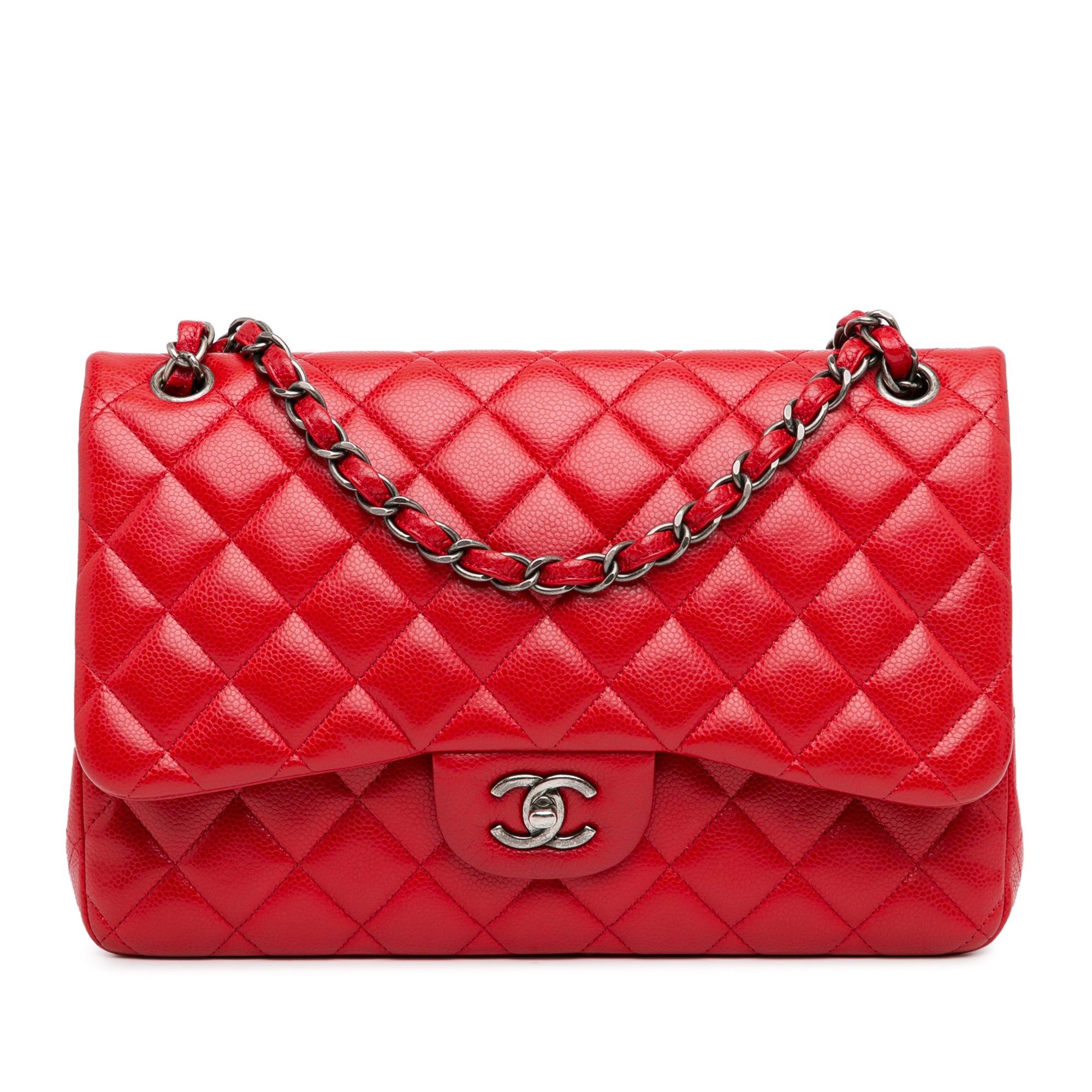 Chanel | Pre-Owned Jumbo Classic Caviar Double Flap - II | Red/Dark Red