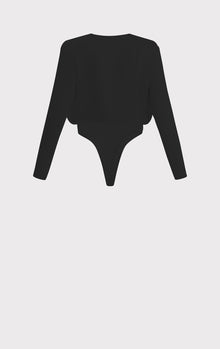 Wrap Effect Long Sleeve Satin Bodysuit | Black