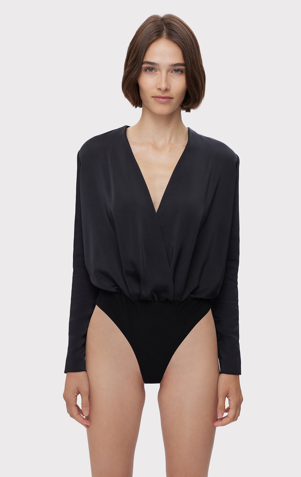 Wrap Effect Long Sleeve Satin Bodysuit | Black