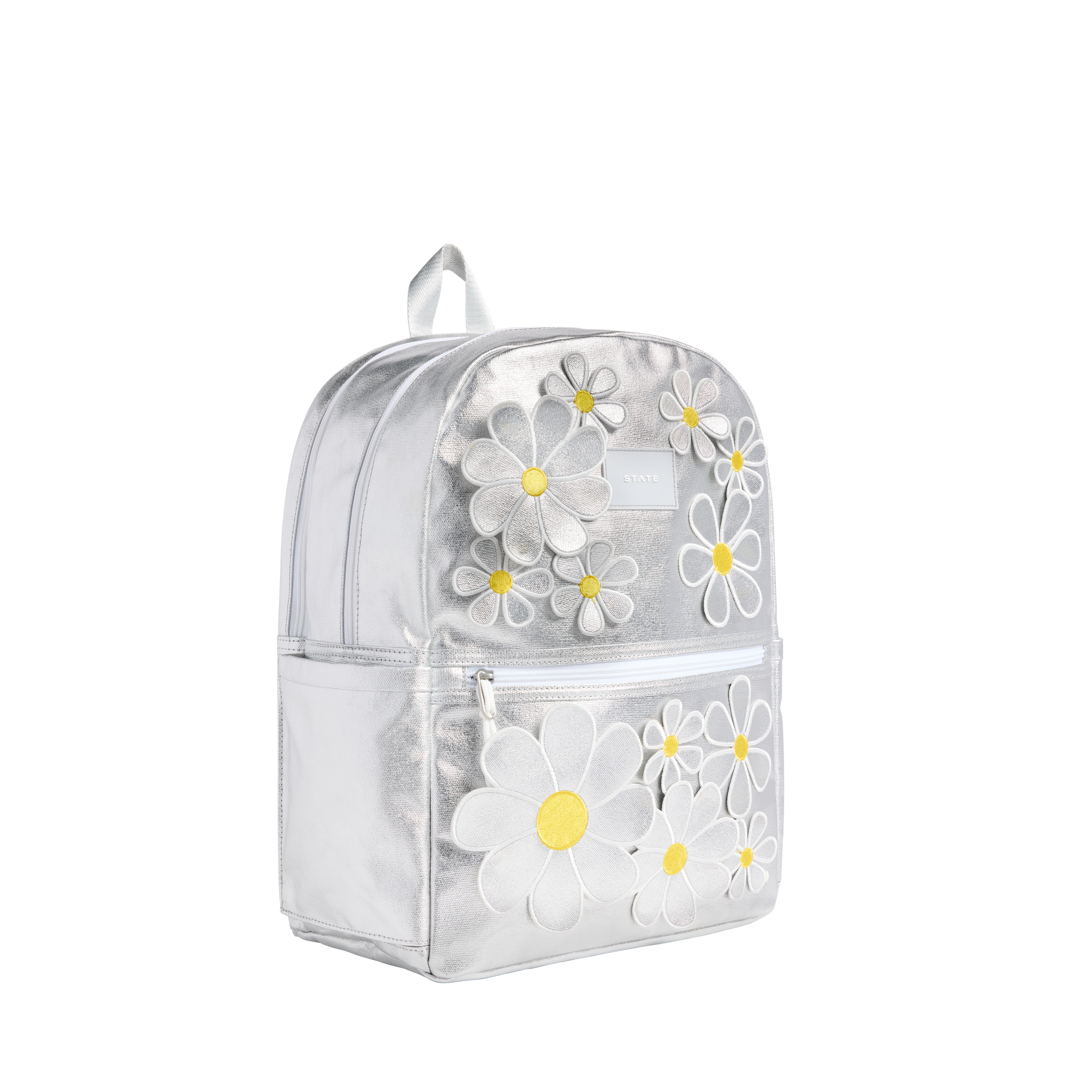 STATE Bags Kane Kids Double Pocket Backpack Metallic 3D Daisies Front View Click to Zoom