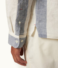 Shanklin Relaxed Fit Overhead Hooded Stripe Linen Shirt | Bergamo Blue/White Stripe