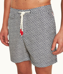 Standard Geo Print Mid-Length Drawcord Swim Shorts | Night Iris/White Sand