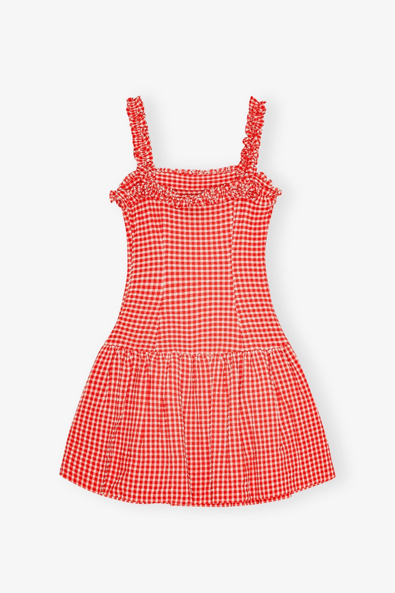 Stretch Seersucker Strap Ruffle Mini Dress | Racing Red