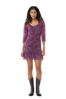 Printed Mesh Flounce Ruched Mini Dress | Fiji Flower