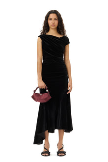 Velvet Jersey Ruched Crossover Dress | Black