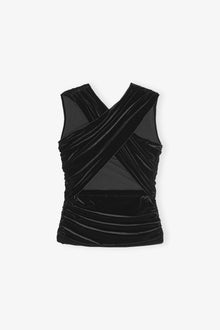 Velvet Jersey Ruched Crossover Blouse | Black