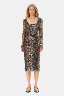 Printed Mesh U-neck Ruched Midi Dress | Leopard