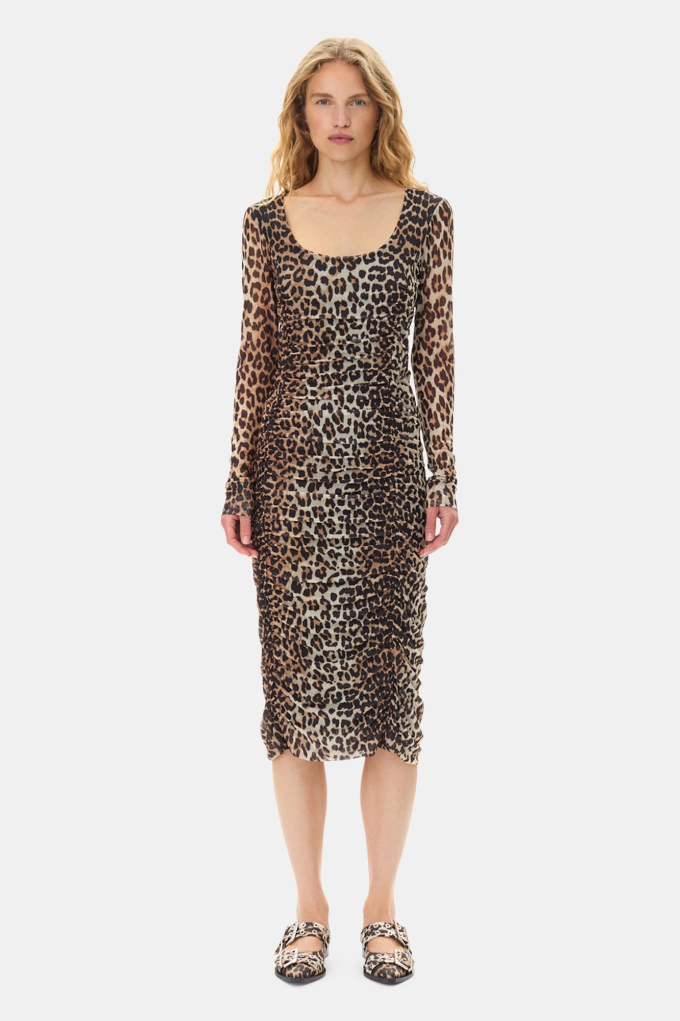 Printed Mesh U-neck Ruched Midi Dress | Leopard