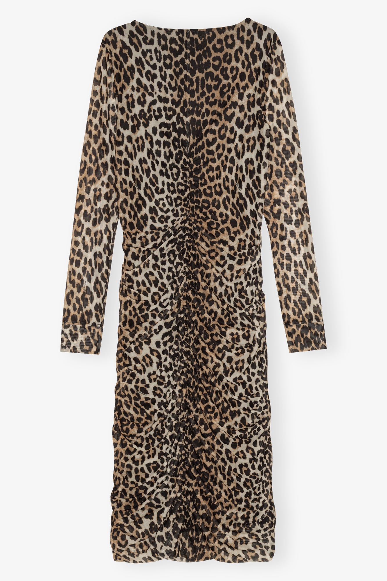 Printed Mesh U-neck Ruched Midi Dress | Leopard