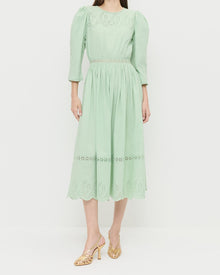 Thelma Eyelet Dress in mint green cotton and Alexandra Gold Slingback Heel.