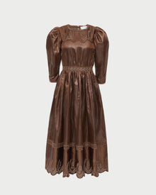 Thelma Eyelet Dress in brown linen.