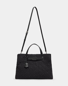 The Rudsak ASMINE - L325005 Black is a black quilted monogram tote with embossed patterns, two short handles, an adjustable shoulder strap, and a leather tag—an elegant work bag for any occasion, shown against a plain white background.