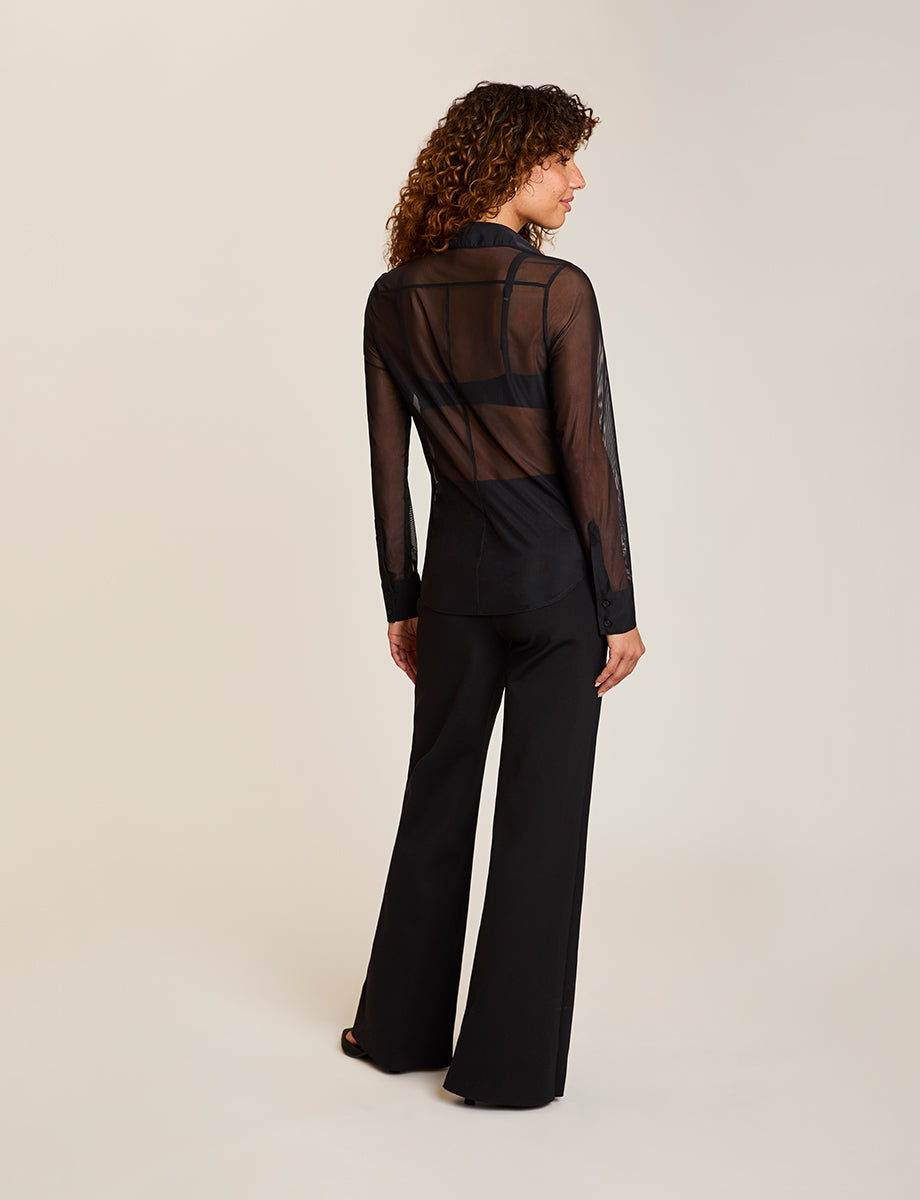 Chic Mesh Button Down Shirt::Black::