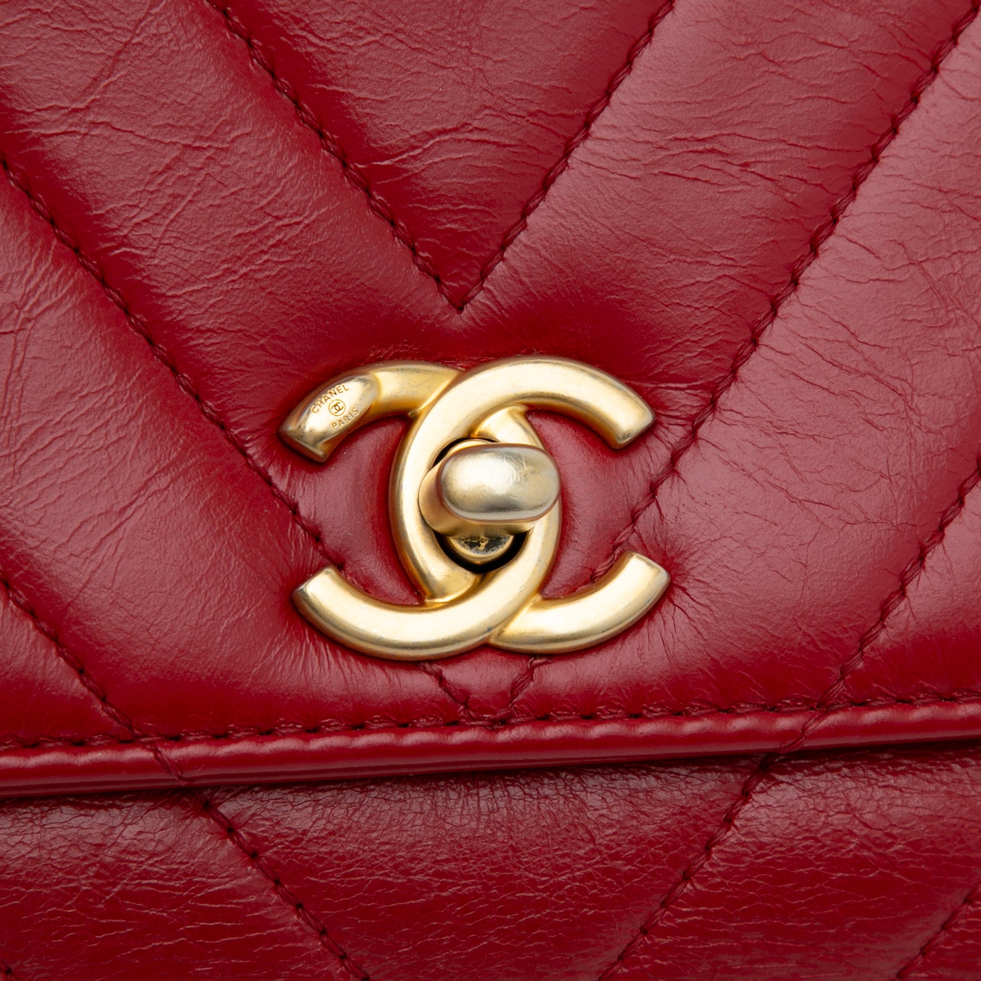 Chanel | Pre-Owned Small Lambskin Chevron Coco Top Handle Bag | Red
