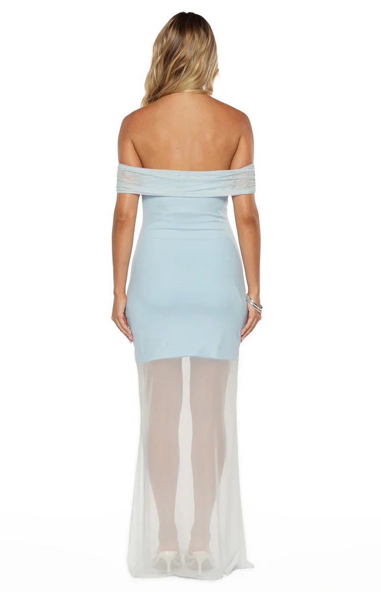 Tabitha Off Shoulder Mesh Maxi Dress | Blue