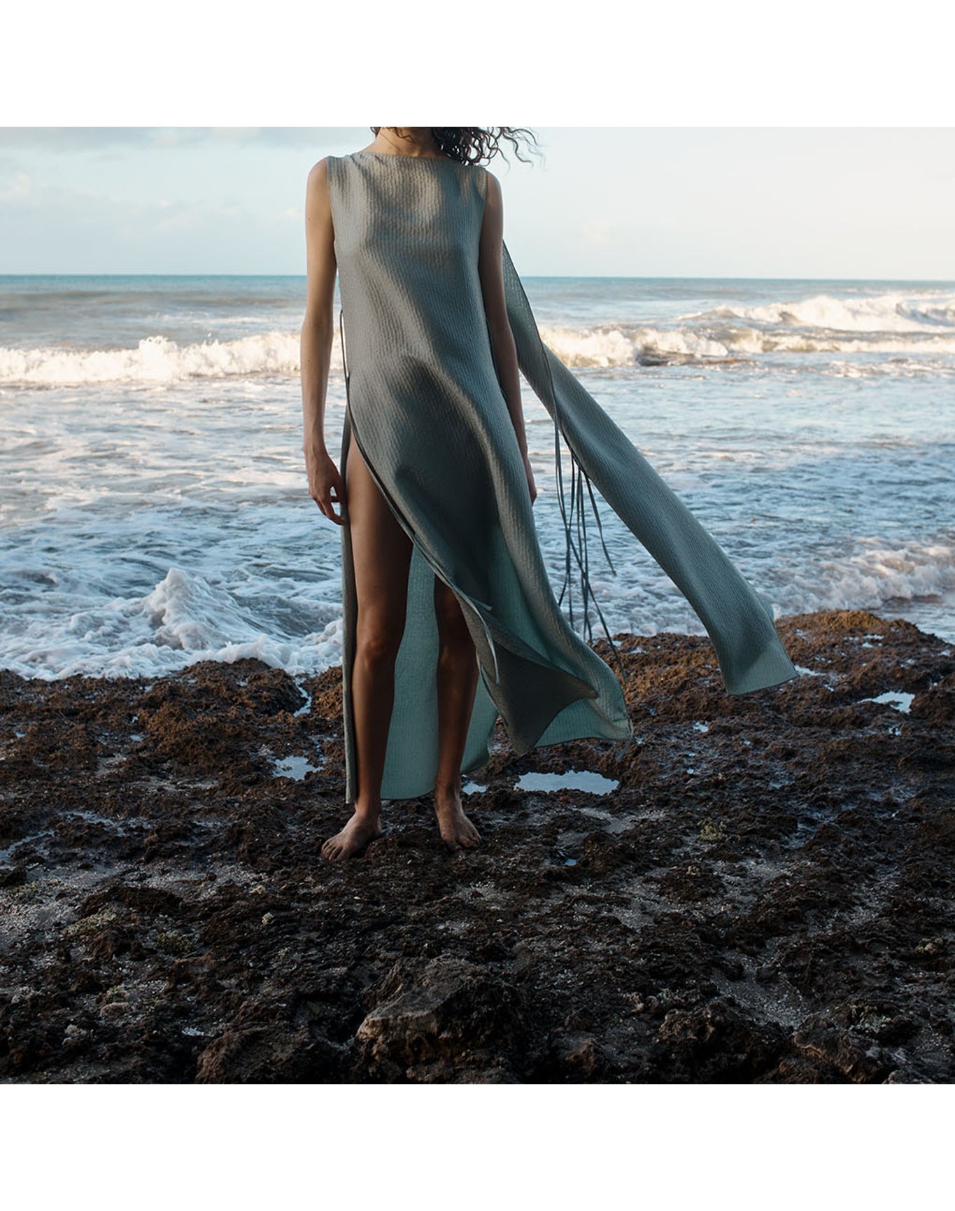 The Fluid Cape Dress In Wave Stripe | Sky