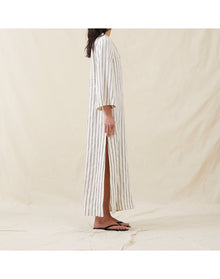 The Long Caftan In Ticking Stripe | Washed Blue