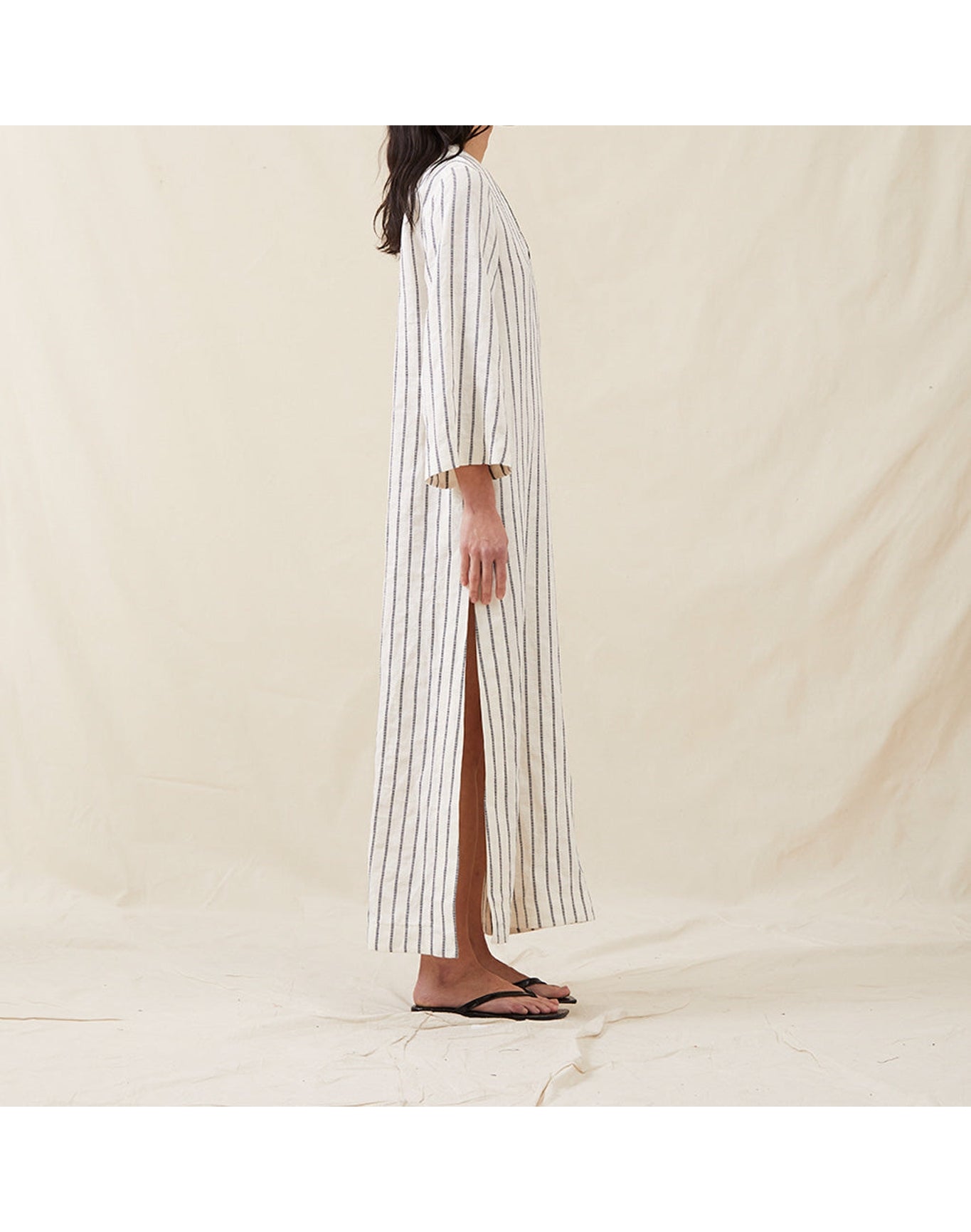 The Long Caftan In Ticking Stripe | Washed Blue