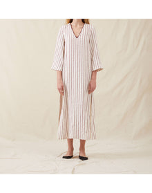 The Long Caftan In Ticking Stripe | Washed Burgundy