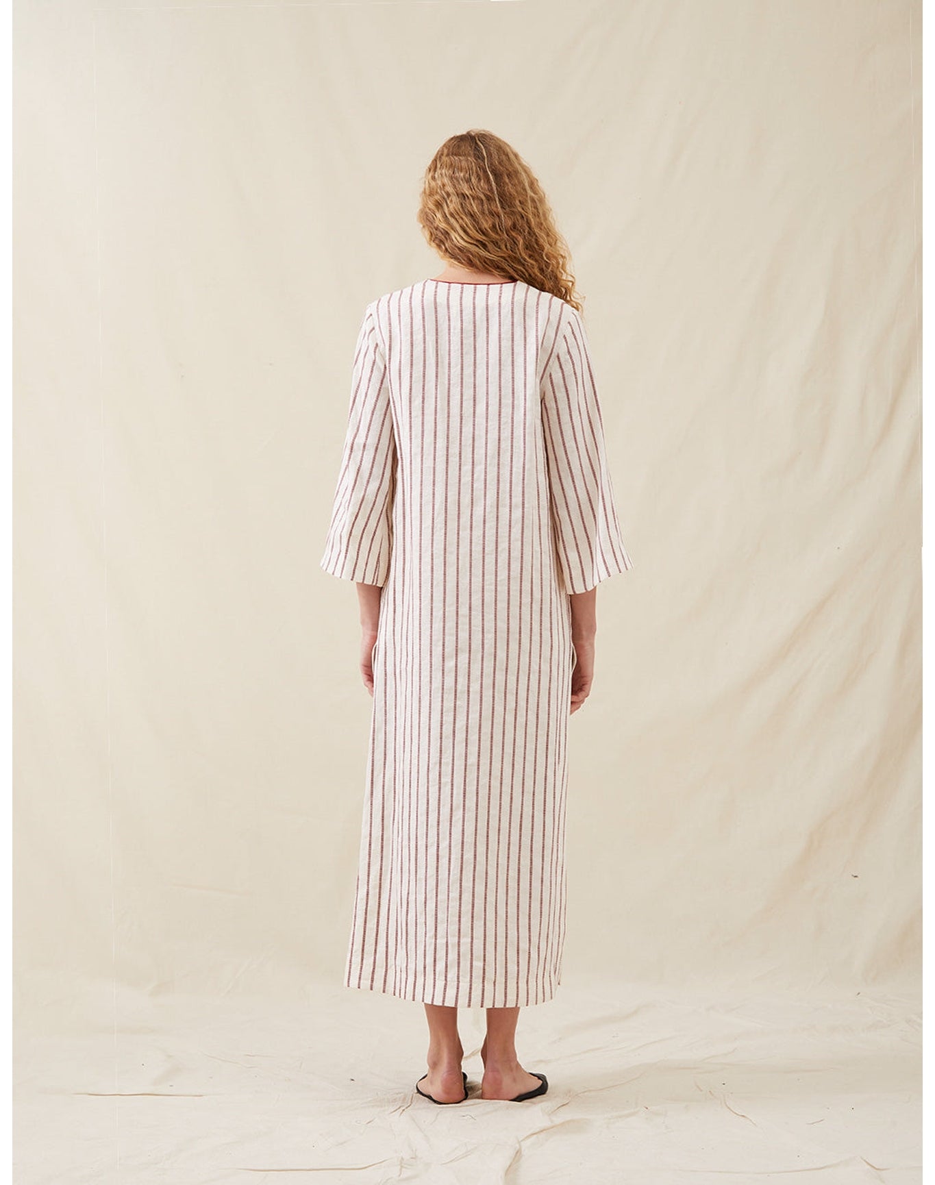 The Long Caftan In Ticking Stripe | Washed Burgundy