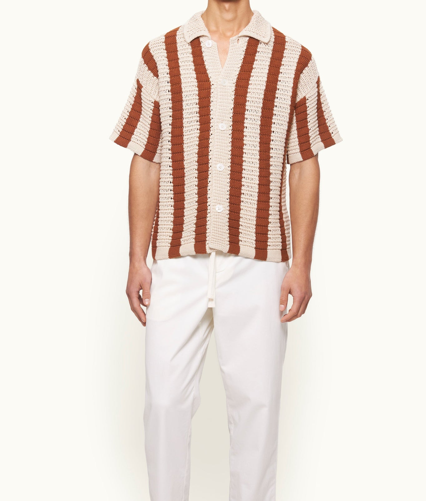 Thomas Crochet Relaxed Fit Crochet Stitch Organic Cotton Shirt | Canela/Cashew