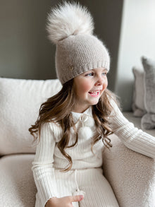 Unisex | Honeycomb Cashmere Beanie with White Print Pom | Beige