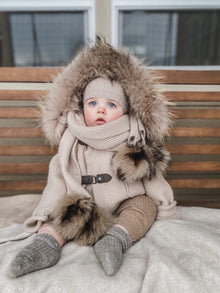 Unisex | Honeycomb Cashmere Fur Pom Scarf Animal Print Fur Poms | Beige